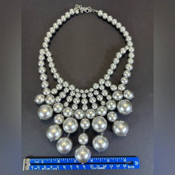 New Satin Silver Multi Layer Necklace with Cascading Faux Pearls - Picture 6 of 6
